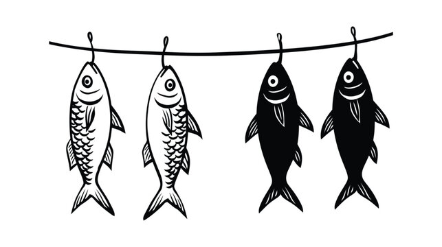 Fish hanging on line in black and white illustration