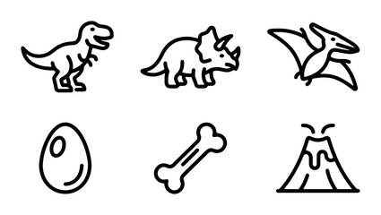 Dinosaur Icons Set: T-Rex, Triceratops, Pterodactyl, Egg, Bone, Volcano, Vector Graphics © Jahangir