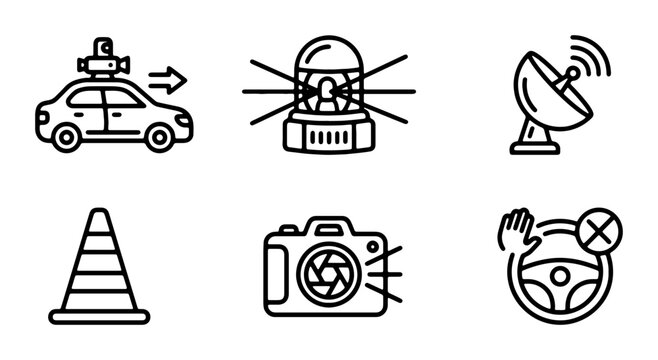 Autonomous Vehicle Technology Icons: Self-Driving Car, Radar, Sensor, Camera, Traffic Cone, Steering Wheel