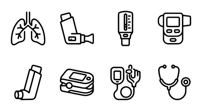 Medical Icons Set: Lungs, Inhalers, Pulse Oximeter, Stethoscope, Blood Pressure Monitor