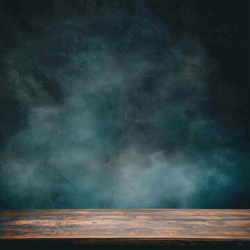 Rustic brown wooden tabletop with prominent grain in front of a dark, moody teal textured background, creating an atmospheric setting