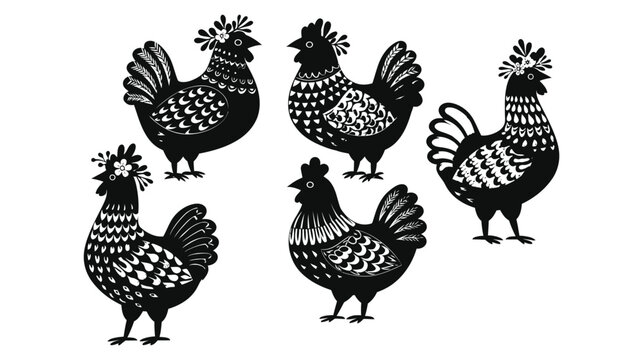 Chicken silhouette illustrations of five roosters in black and white