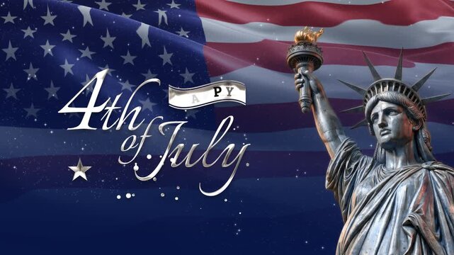 Happy 4th of July Greeting Animation with Waving American Flag, Statue of Liberty and Fireworks, for holiday promotions, social media, event announcements, presentations, broadcasts, celebration