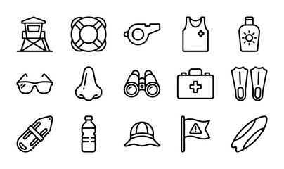 Lifeguard Icons Set, Beach Safety Symbols, Summer Rescue Equipment Vector Collection © Sathi