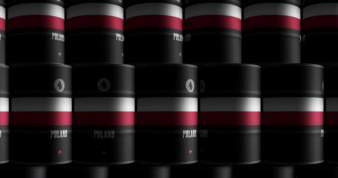 Poland oil business and fuel extraction barrels in row seamless and loopable concept. Polish petrol industrial containers.
