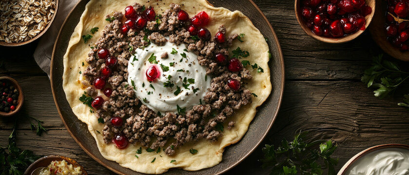 Rustic flatbread topped with savory minced meat, creamy yogurt, and vibrant cranberries, alongside other fresh ingredients on a wooden table