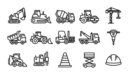 Construction Equipment Icons Set, Heavy Machinery Vector Graphics, Industrial Vehicles Collection © Farid