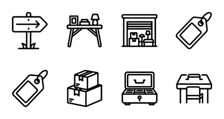 Vector Icons: Direction Sign, Desk, Garage, Tags, Boxes, Safe, Table Set © Kawsar