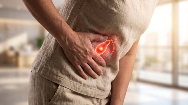 Gallbladder Pain and Gallbladder Disease Concept with Highlighted Organ Anatomy in Abdomen