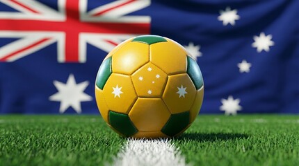 Fototapeta premium Soccer ball with australian flag colors and southern cross constellation design on a grass field with the australian flag in the background