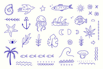 Obraz premium Set of Blue Doodles: Hand-Drawn Nautical and Boho Symbols