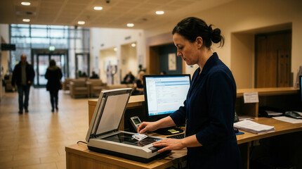 Obraz premium Receptionist Scanning Documents in a Modern Office, Working With Technology