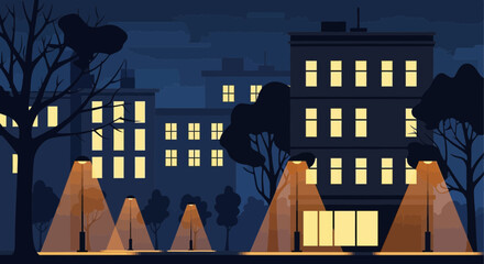 City street at night with glowing streetlights and illuminated buildings © Bakul