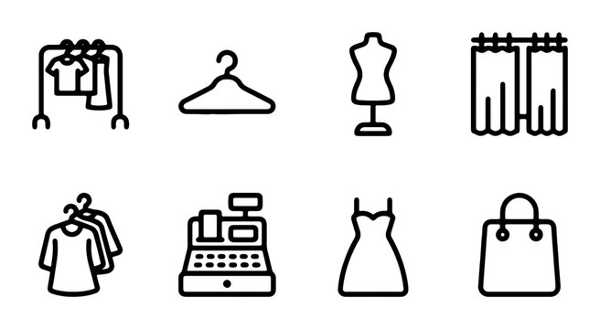 Fashion Retail Icons: Clothing Rack, Mannequin, Cash Register, Shopping Bag, Dress