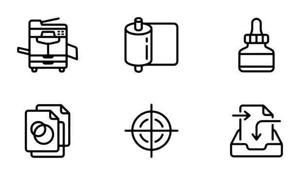 Printing Press Icons, Offset Lithography Symbols, Copy Machine, Ink Bottle, Target Mark, Paper Stack