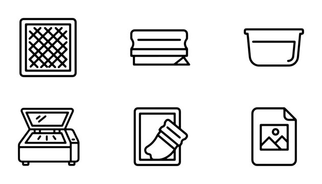 Screen Printing Equipment Icons, Graphic Design Tools, Printing Process Vector Set