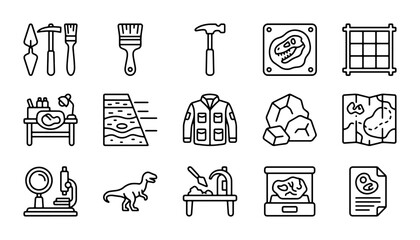 Paleontology Icons Set: Dinosaur Fossils, Tools, Research, Geology, Excavation Vector Graphics © Jui