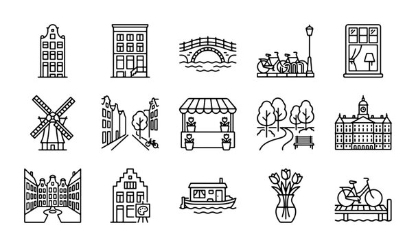 Amsterdam Icons Vector Set: Canal Houses, Windmill, Bridge, Bikes, Tulips, Buildings