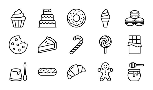 Sweet Treats Icons: 15 Delicious Desserts and Pastries Vector Set for Food Graphics