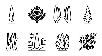 Cypress Tree Icons, Italian Landscape Elements, Botanical Line Art Vector Set © Anwarul