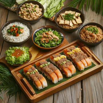 Salmon sushi rolls, diverse rice dishes, and vibrant fresh vegetable sides artfully presented on a rustic wooden table