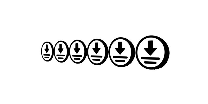 Arrows Down Download Symbol Set in Circular Icons with Bold Black Outlines on White Background for Ui Design