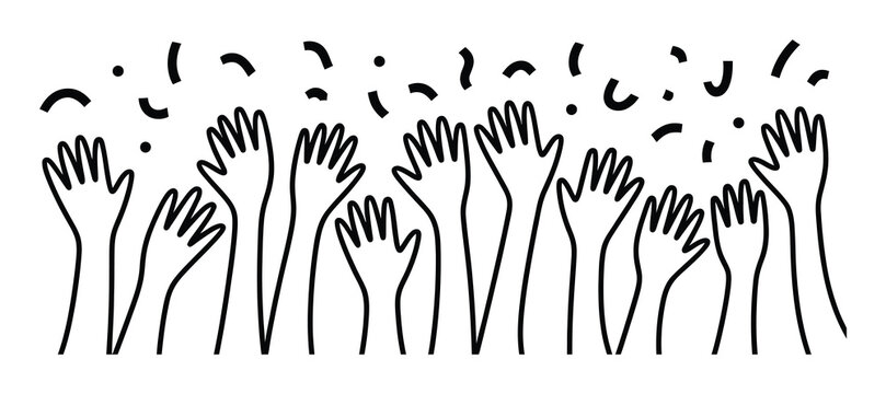 A black and white line of many hands raised in the air celebrating with falling confetti
