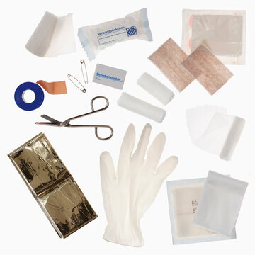 Contents of a first aid kit, elevated view
