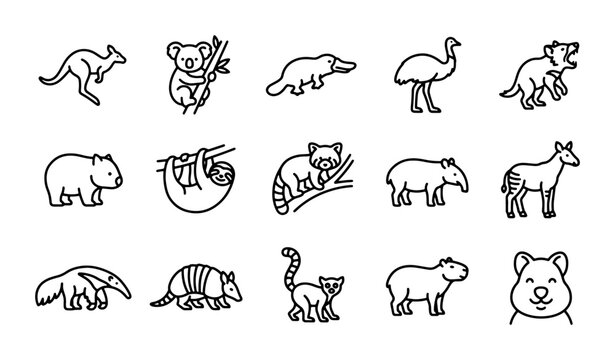 Australian Animals Icons Set, Kangaroo, Koala, Wombat Vector Graphics, Wildlife Collection