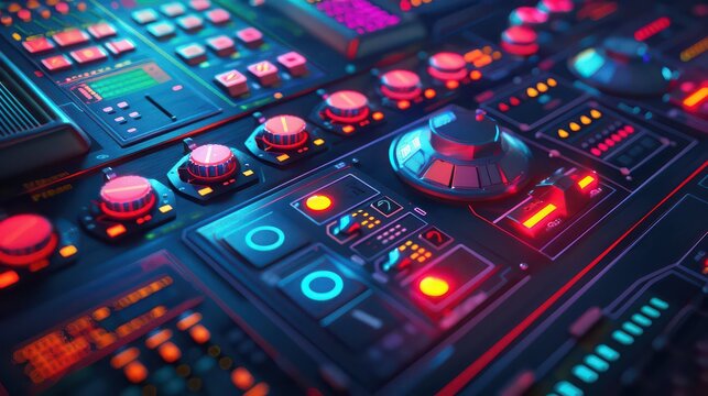 Close-up of retro-futuristic control panel with colorful buttons and lights