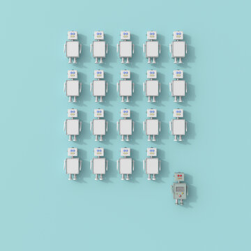3D rendering, Toy robot standing out of robot crowd
