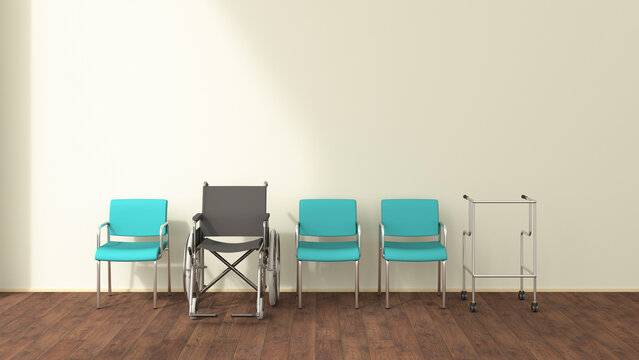 Row of wheelchair, wheeled walker and chairs in a waiting room, 3D rendering