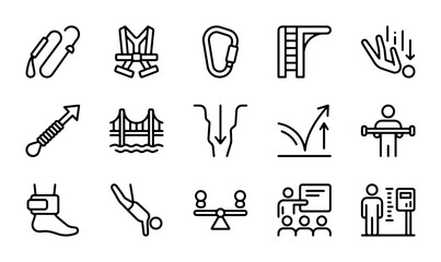 Extreme Sports Icons: Bungee Jumping, Skydiving, Climbing, Diving, Safety Gear, Adventure Activities © Labiba