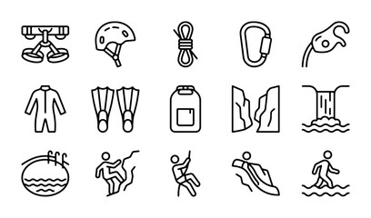 Adventure Sports Icons: Climbing, Water Sports, Safety Gear, Outdoor Activities, Vector Set © Labiba
