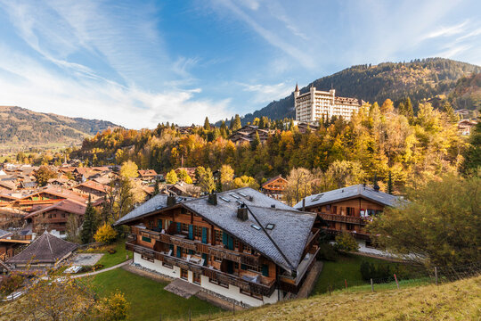 Switzerland, Canton of Bern, Gstaad, townscape with Gstaad Palace Hotel