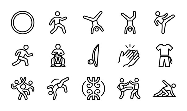 Capoeira Icons Set, Brazilian Martial Art Figures, Acrobatics & Music Vector Graphics