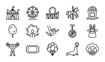 Carnival Icons Set, Circus Vector Graphics, Amusement Park Symbols, Fun Fair Collection © Labiba