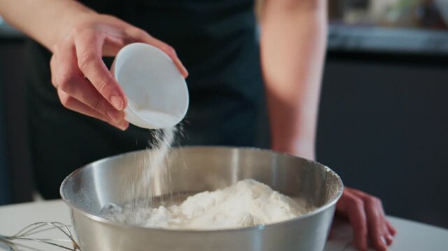 Hand pours flour into mixing bowl. Person focused on baking task. Perfect for recipes, food blogs, or cooking tutorials
