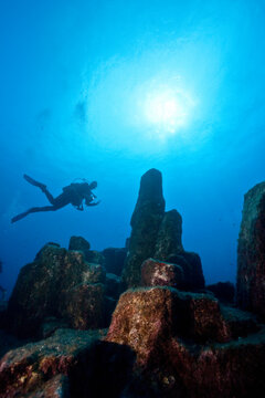 Portugal, Azores, Santa Maria, Atlantic Ocean, diver at volcanic basalt reef