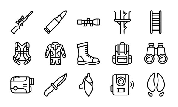 Hunting Icons Set, Outdoor Gear Vector Graphics, Sport Equipment Collection, Wildlife Adventure Icons