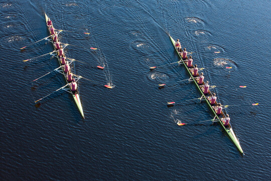 Elevated view of two rowing eights in water
