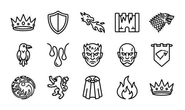 Fantasy Icons Set: Crown, Shield, Dragon, Castle, Wolf, Raven, Fire, Banner, Crests