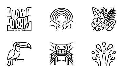 Fototapeta premium Tropical Nature Icons: Waterfall, Rainbow, Toucan, Jungle Leaves, Bridge, Fountain