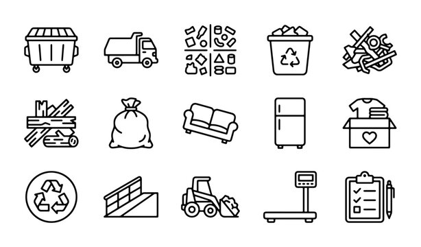 Recycling Icons Set: Waste Management, Collection Truck, Dumpster, Sofa, Fridge, Clothes Donation