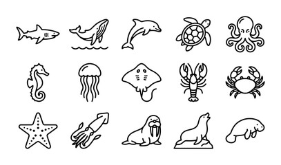 Oceanic Wildlife Icons Set: Marine Animals, Sea Creatures, Aquatic Life Vector Collection © Rima