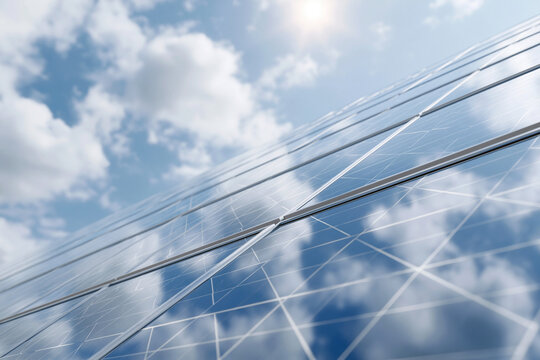 Solar panels gleam under a bright blue sky. White clouds drift softly overhead. Sunlight reflects off glass surfaces clearly. Rows of panels stretch toward the horizon