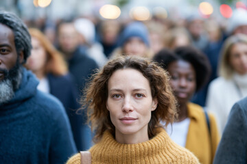 Obraz premium Woman gazes calmly through a bustling crowd. Soft focus highlights her thoughtful, neutral expression. She wears a cozy, mustard-toned knit sweater. Background figures blur into motion