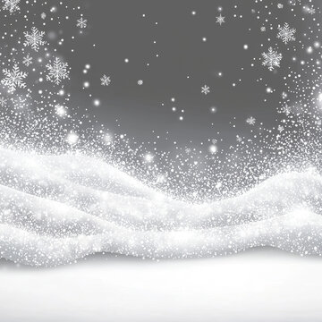 Sparkling snow descends onto soft, wavy white snowdrifts, featuring various snowflakes against a grey gradient winter sky background