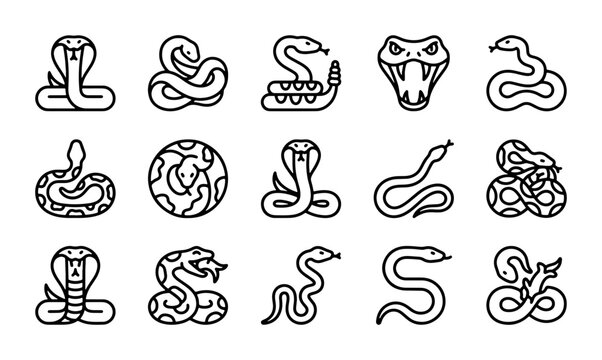 Snake Icons Set: Cobra, Viper, Python Vector Graphics, Reptile Symbols, Wildlife Art