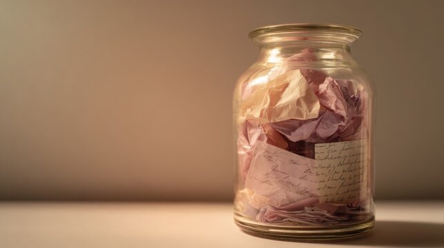 Elegant glass jar filled with handwritten folded notes and wishes, soft warm lighting, emotional storytelling concept, minimalist lifestyle